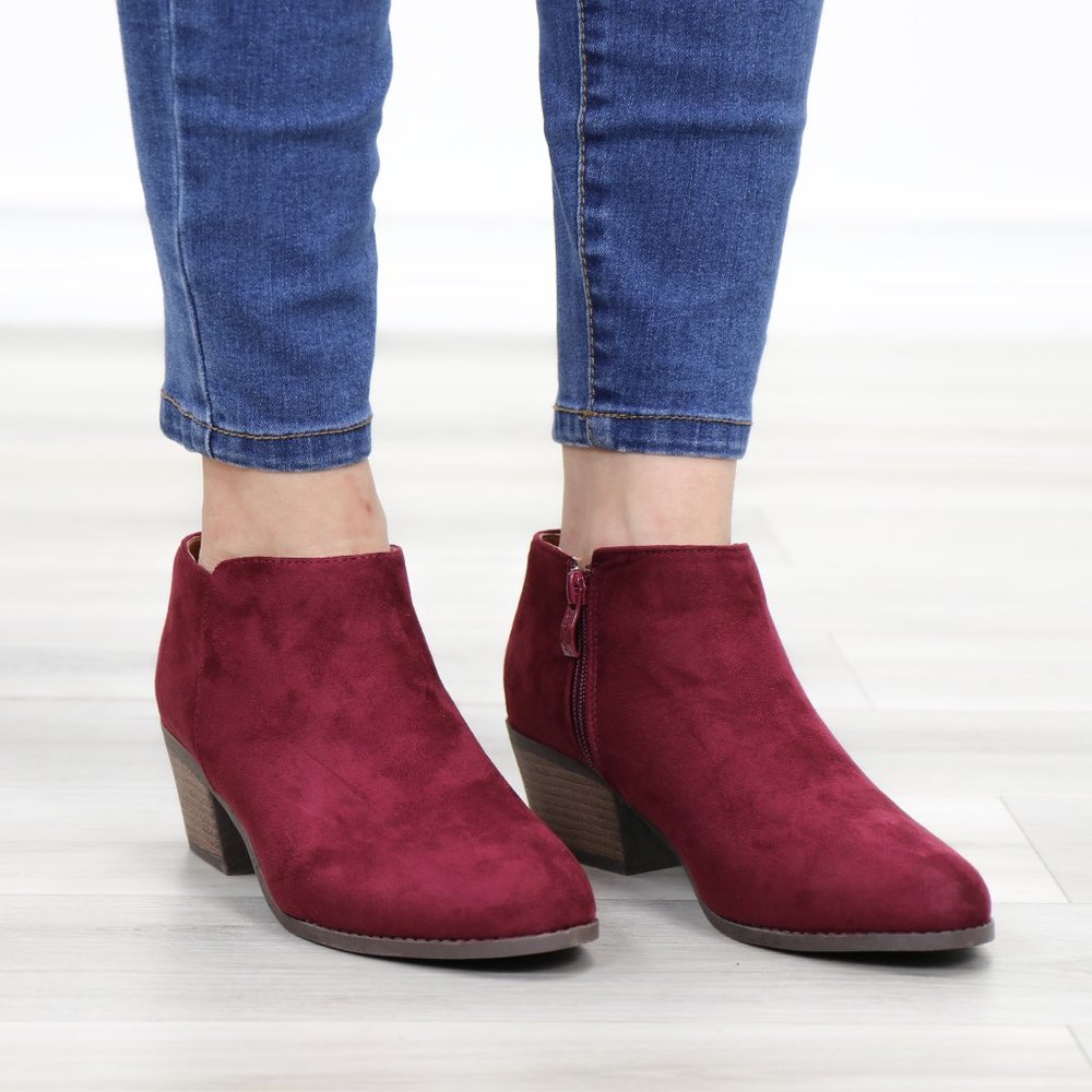 Vegan Suede Fall Color  Burgundy Ankle Booties - Picture 2 of 10